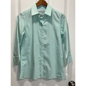 Foxcroft Womens Striped Button Up Shirt Non Iron Stretch Size 2 Mint Green White